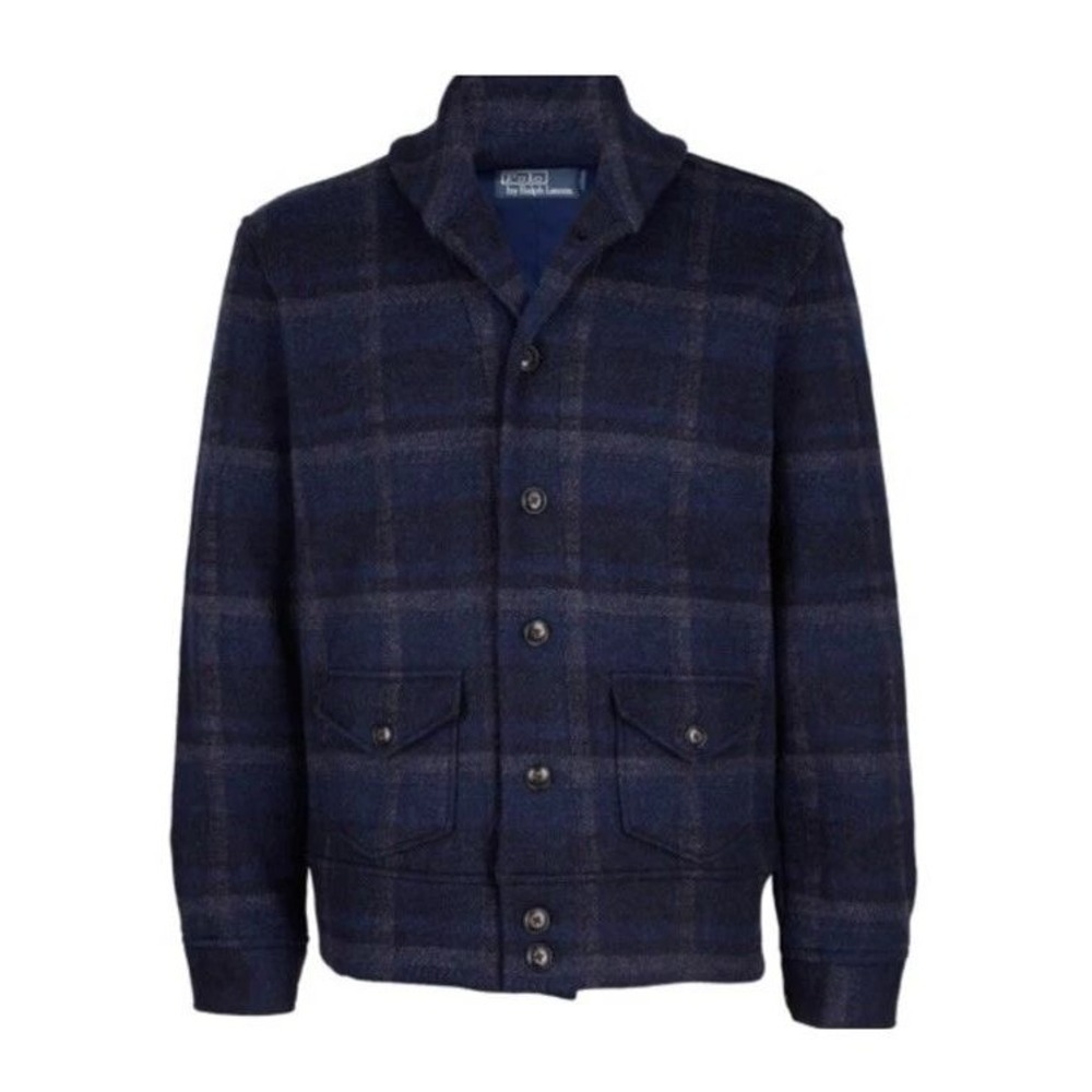 Polo‎ Ralph Lauren Men's Jacket Wool Knit Navy Tartan Plaid Bomber Size XL